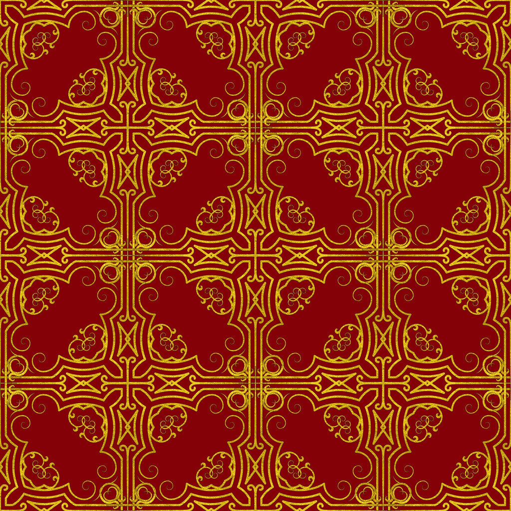 red, gold, burgundy, crimson, ornate pattern, decorative scrollwork, floral motifs, geometric design, cross motifs, swirls, curvilinear elements, repeating pattern, symmetrical design, ornamental, christmas fabric, holiday themed,, fabric panel, luxurious appearance, intricate details
