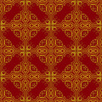 red, gold, burgundy, crimson, ornate pattern, decorative scrollwork, floral motifs, geometric design, cross motifs, swirls, curvilinear elements, repeating pattern, symmetrical design, ornamental, christmas fabric, holiday themed,, fabric panel, luxurious appearance, intricate details