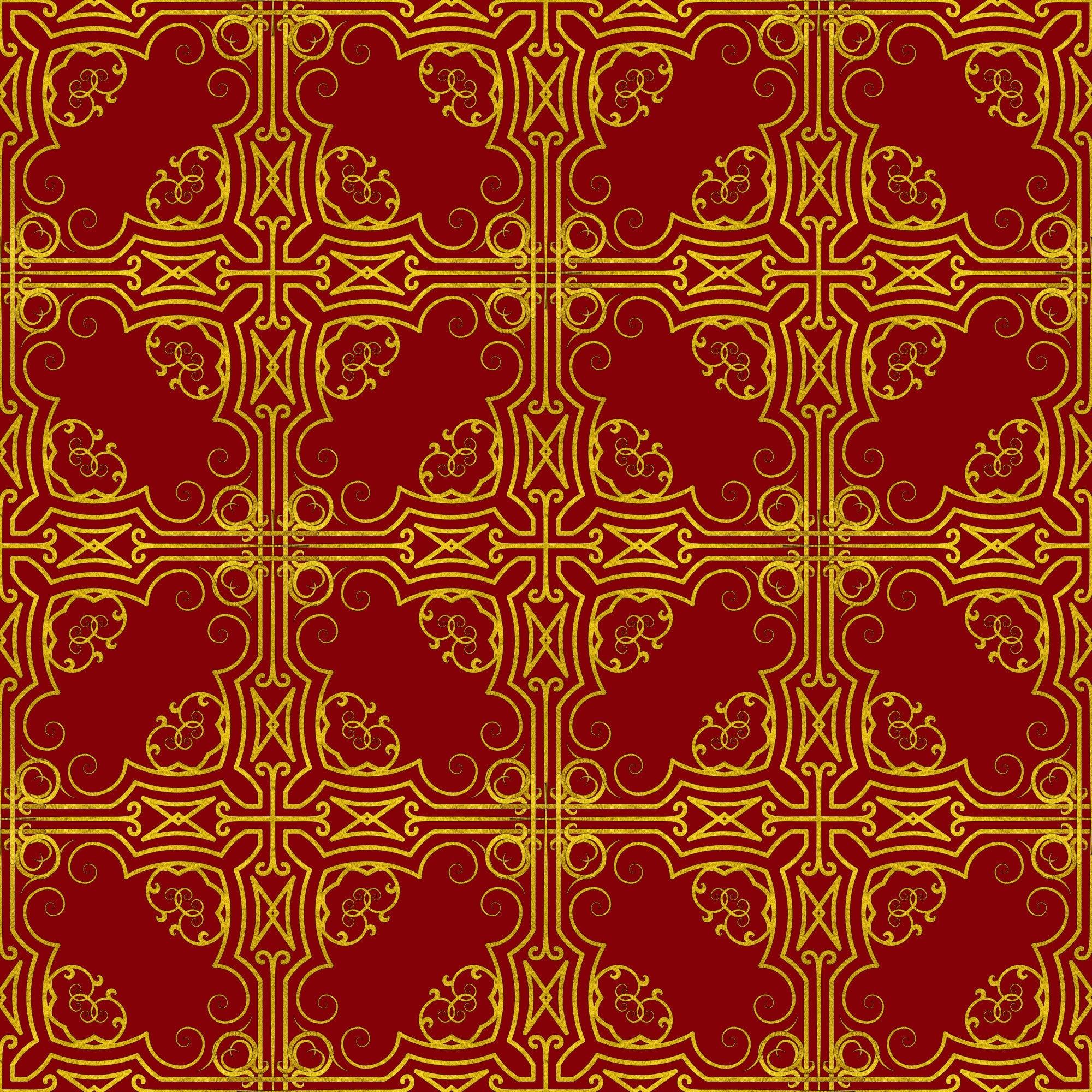 red, gold, burgundy, crimson, ornate pattern, decorative scrollwork, floral motifs, geometric design, cross motifs, swirls, curvilinear elements, repeating pattern, symmetrical design, ornamental, christmas fabric, holiday themed,, fabric panel, luxurious appearance, intricate details