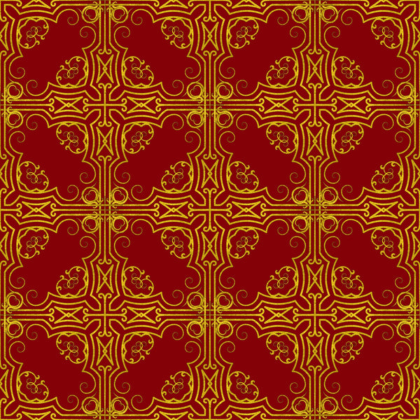 red, gold, burgundy, crimson, ornate pattern, decorative scrollwork, floral motifs, geometric design, cross motifs, swirls, curvilinear elements, repeating pattern, symmetrical design, ornamental, christmas fabric, holiday themed,, fabric panel, luxurious appearance, intricate details