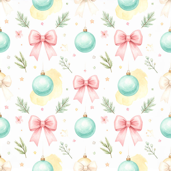 mint green, blush pink, soft yellow, cream, pastel colors, christmas, holiday, ornaments, bows, evergreen, pine branches, stars, floral, whimsical, elegant, festive, nursery, baby shower, kids room, playroom, winter, seasonal, delicate, feminine, soft aesthetic, decorative baubles, nature inspired, traditional holiday, gentle, sweet