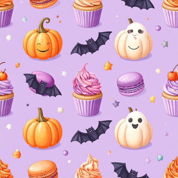 lavender purple, orange, cream white, pastel purple, halloween, fall autumn, pumpkins, ghosts, bats, cupcakes, macarons, candy, whimsical, playful, kids, children, spooky fun, holiday, festive, stars, desserts, treats, cute characters, smiling faces, october, season, playroom, kids room, nursery, party themed