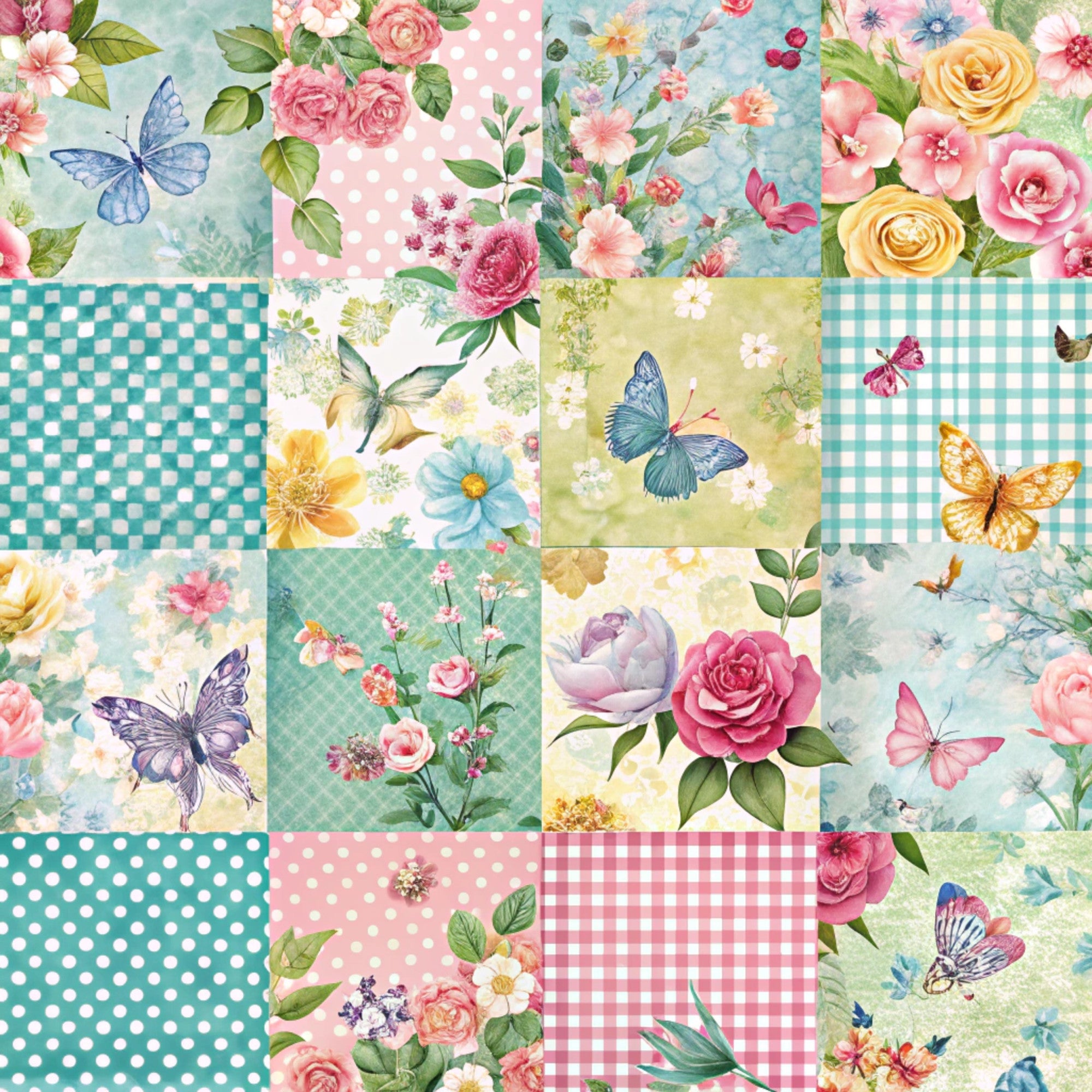 spring patchwork,, fabric panel, floral motifs, butterflies, roses, pastel colors, mint green, coral pink, yellow blooms, polka dots, gingham check, watercolor style, vintage flowers, cottage core, romantic florals, soft pastels, botanical prints, delicate butterflies, shabby chic