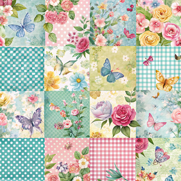 spring patchwork,, fabric panel, floral motifs, butterflies, roses, pastel colors, mint green, coral pink, yellow blooms, polka dots, gingham check, watercolor style, vintage flowers, cottage core, romantic florals, soft pastels, botanical prints, delicate butterflies, shabby chic