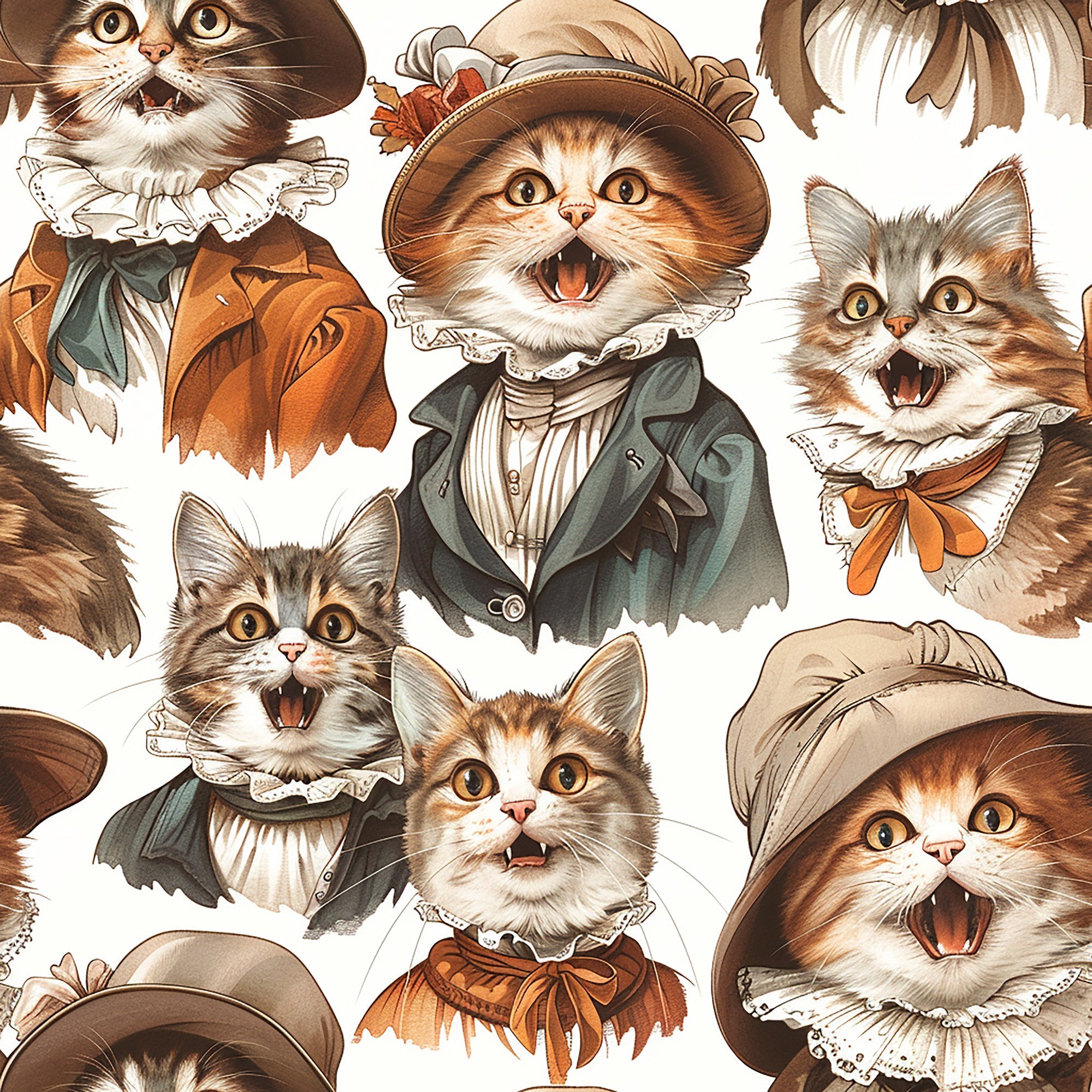 victorian cats,, fabric panel, brown tones, orange accents, cream colors, vintage clothing, ruffled collars, period costumes, surprised expressions, open mouths, wide eyes, tabby cats, calico cats, ornate hats, bow ties, historical fashion, whimsical animals, repeating pattern, cotton fabric