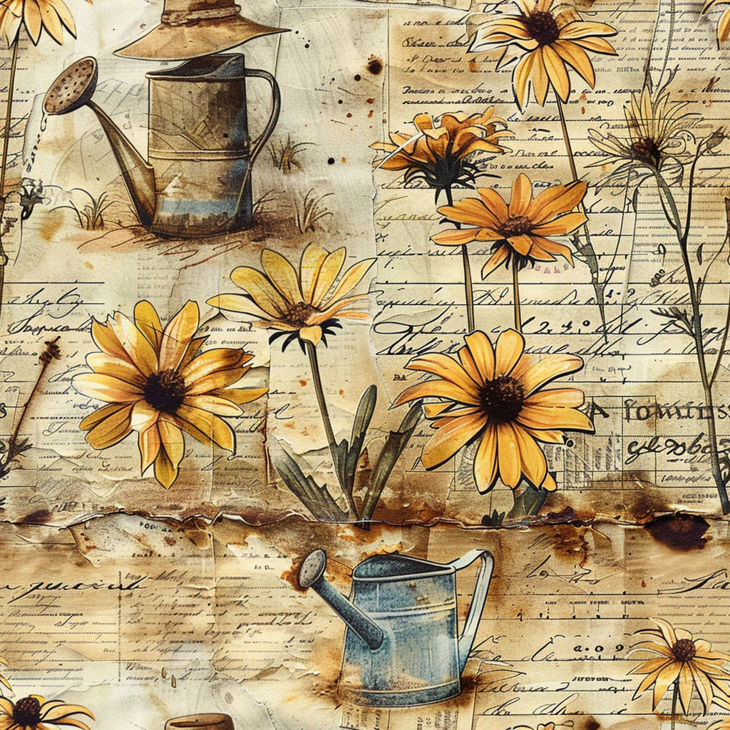 golden yellow, orange, brown, cream, beige, watering cans, sunflowers, daisies, vintage script, handwritten text, gardening theme, botanical illustration, weathered paper, aged parchment, floral motifs, rustic style, cottage garden,, fabric panel, country living, farmhouse aesthetic