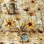 golden yellow, orange, brown, cream, beige, watering cans, sunflowers, daisies, vintage script, handwritten text, gardening theme, botanical illustration, weathered paper, aged parchment, floral motifs, rustic style, cottage garden,, fabric panel, country living, farmhouse aesthetic