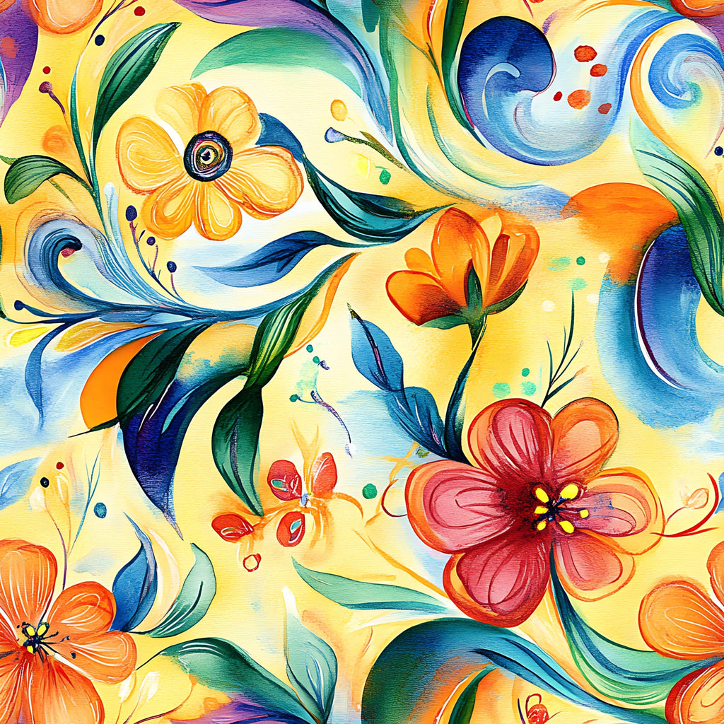 vibrant colors, abstract floral, swirling patterns, yellow background, blue swirls, orange flowers, red blooms, green leaves, flowing design, watercolor style, artistic pattern,, fabric panel, botanical motifs, colorful blooms, dynamic movement, whimsical art, contemporary style, bright palette, decorative swirls