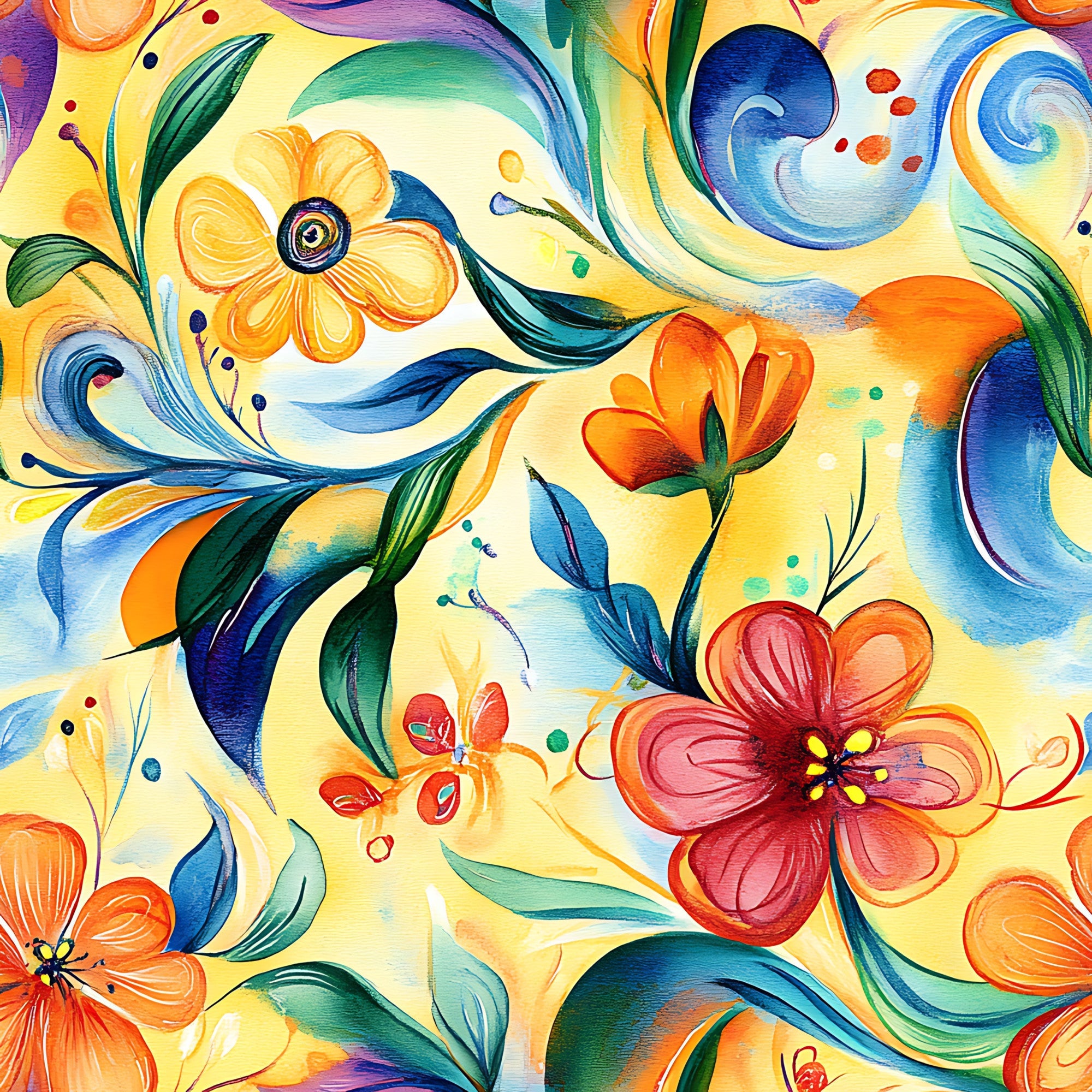 vibrant colors, abstract floral, swirling patterns, yellow background, blue swirls, orange flowers, red blooms, green leaves, flowing design, watercolor style, artistic pattern,, fabric panel, botanical motifs, colorful blooms, dynamic movement, whimsical art, contemporary style, bright palette, decorative swirls
