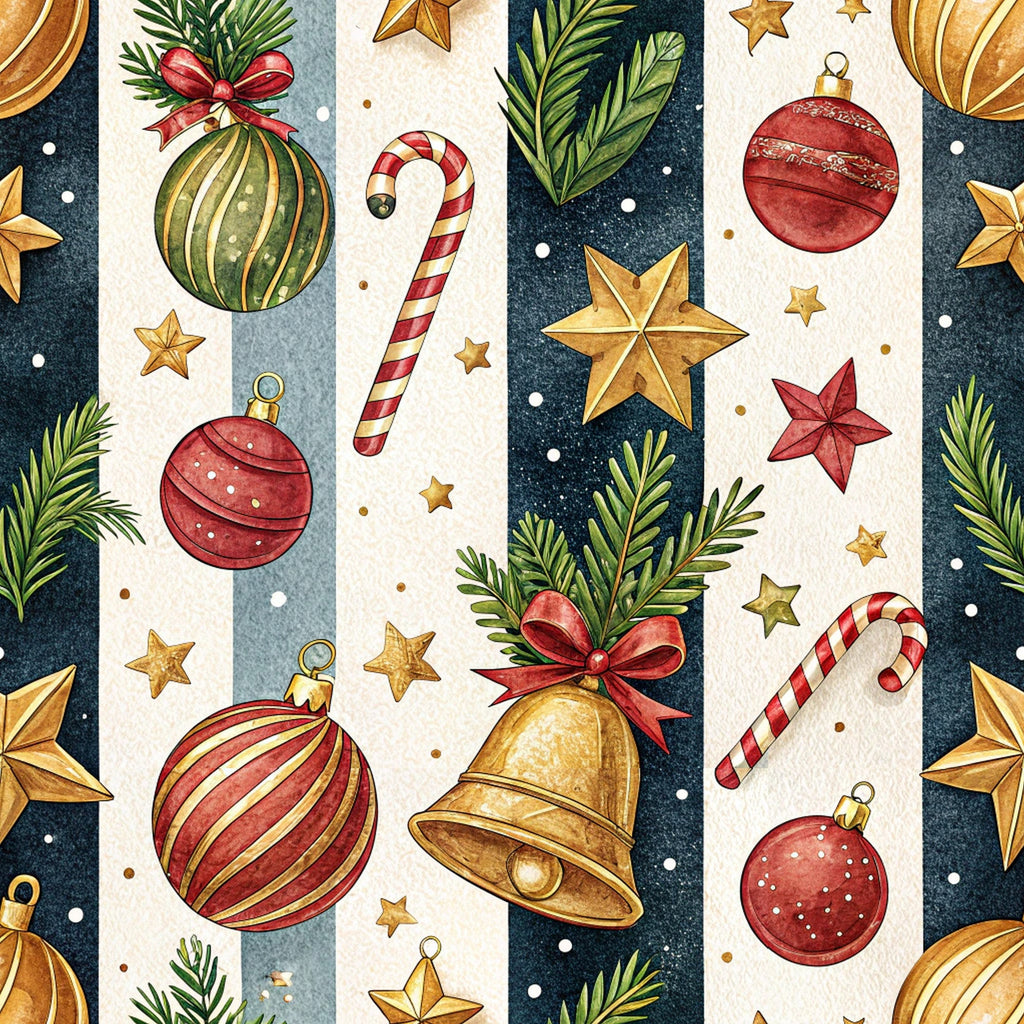 christmas ornaments, candy canes, gold stars, red baubles, green pine branches, golden bell, striped pattern, watercolor style, festive holiday,, fabric panel, navy blue background, cream stripes, red ribbon bows, winter theme, decorative elements, seasonal motifs, ornament collection, holiday crafting
