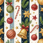 christmas ornaments, candy canes, gold stars, red baubles, green pine branches, golden bell, striped pattern, watercolor style, festive holiday,, fabric panel, navy blue background, cream stripes, red ribbon bows, winter theme, decorative elements, seasonal motifs, ornament collection, holiday crafting