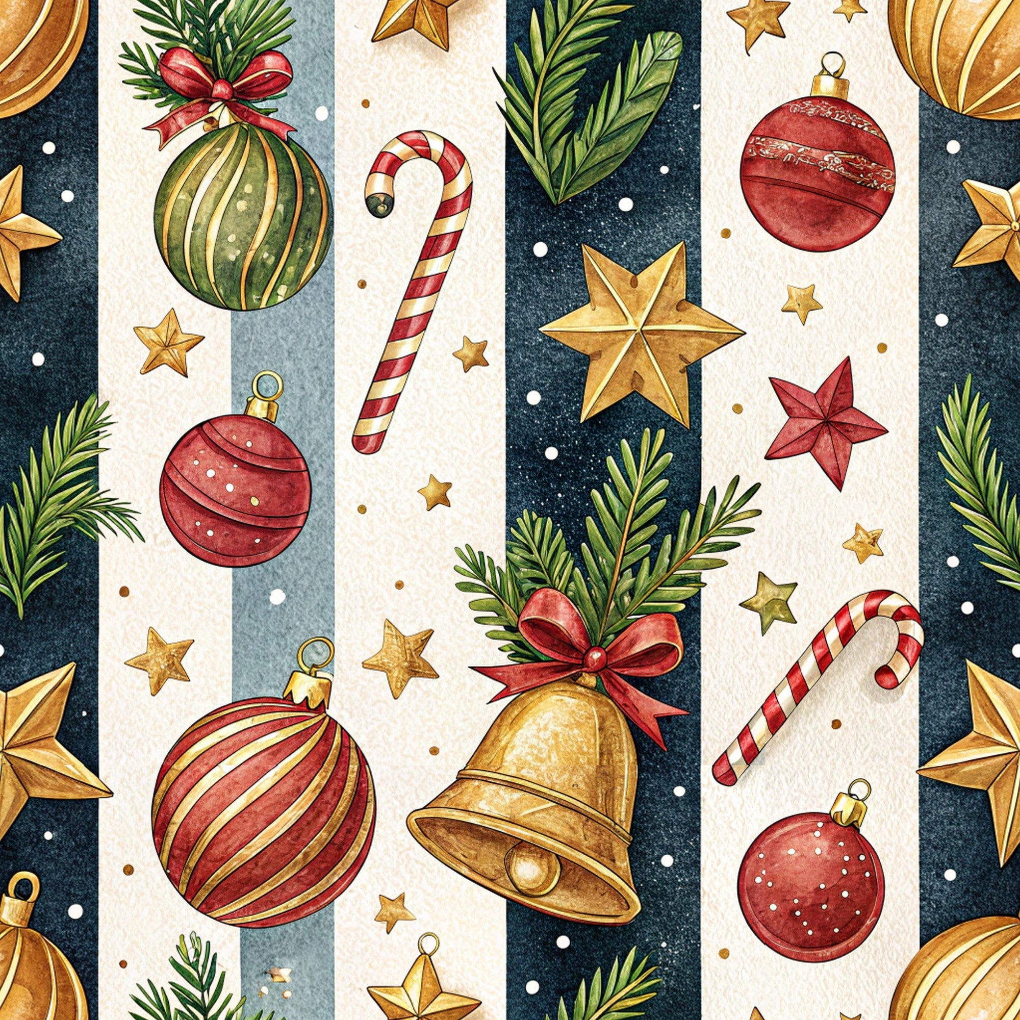 christmas ornaments, candy canes, gold stars, red baubles, green pine branches, golden bell, striped pattern, watercolor style, festive holiday,, fabric panel, navy blue background, cream stripes, red ribbon bows, winter theme, decorative elements, seasonal motifs, ornament collection, holiday crafting