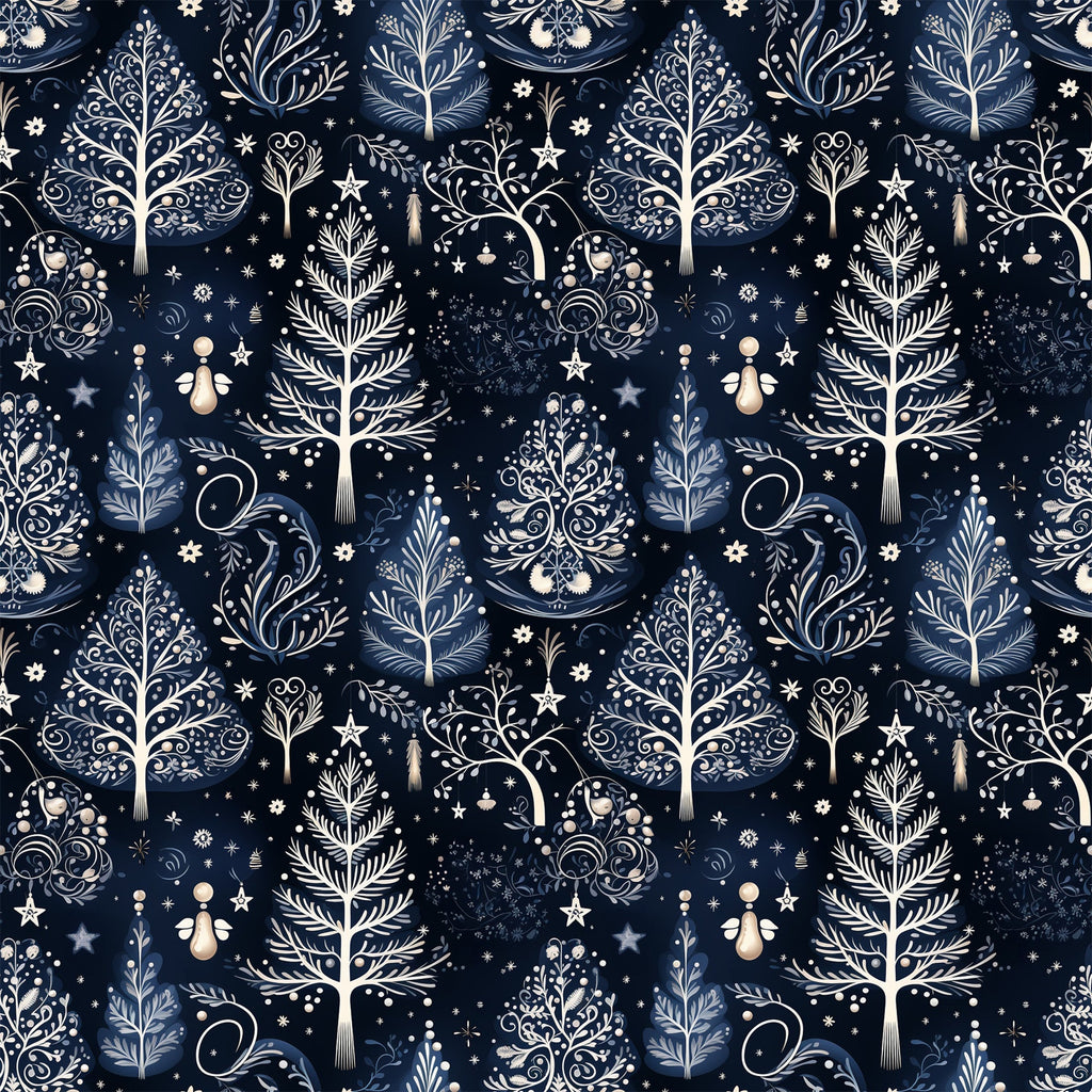 delft blue, navy blue, cream, winter pattern, botanical motifs, decorative trees, ornamental branches, stars, snowflakes, folk art style, intricate scrollwork, nature elements,, fabric panel, seamless repeat, elegant design, winter theme, decorative flourishes, organic shapes, sophisticated palette