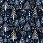 delft blue, navy blue, cream, winter pattern, botanical motifs, decorative trees, ornamental branches, stars, snowflakes, folk art style, intricate scrollwork, nature elements,, fabric panel, seamless repeat, elegant design, winter theme, decorative flourishes, organic shapes, sophisticated palette