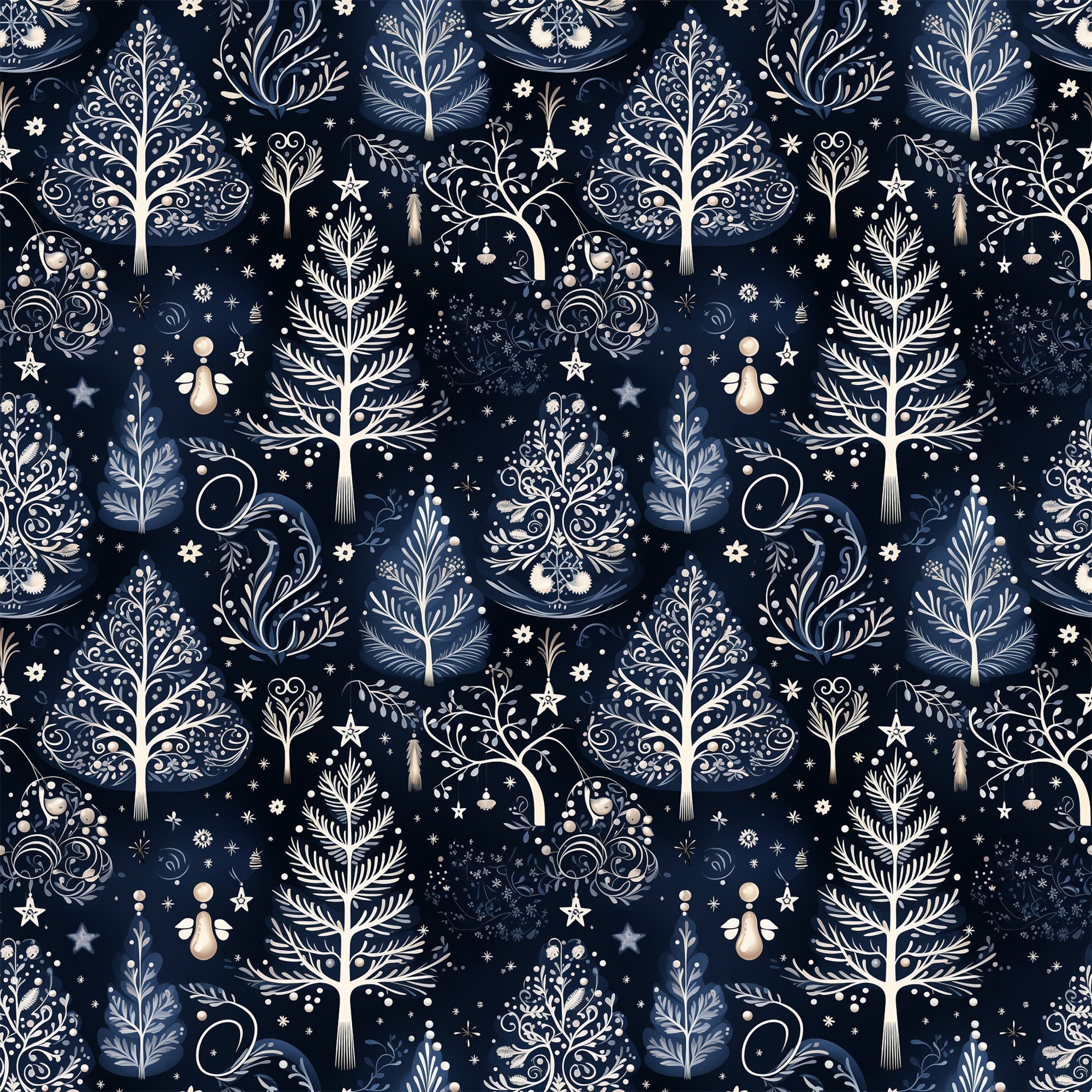 delft blue, navy blue, cream, winter pattern, botanical motifs, decorative trees, ornamental branches, stars, snowflakes, folk art style, intricate scrollwork, nature elements,, fabric panel, seamless repeat, elegant design, winter theme, decorative flourishes, organic shapes, sophisticated palette