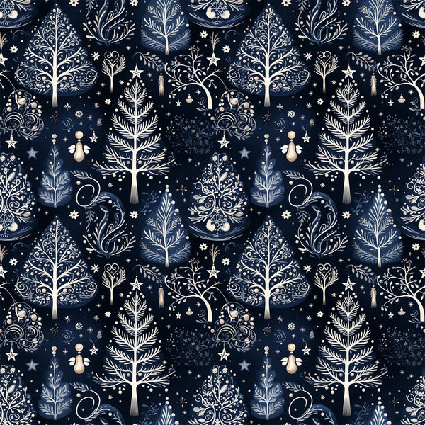 delft blue, navy blue, cream, winter pattern, botanical motifs, decorative trees, ornamental branches, stars, snowflakes, folk art style, intricate scrollwork, nature elements,, fabric panel, seamless repeat, elegant design, winter theme, decorative flourishes, organic shapes, sophisticated palette