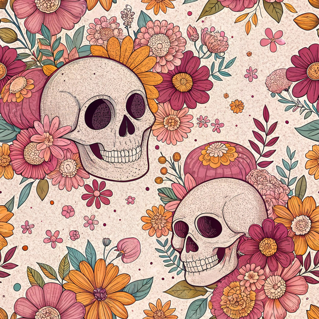 retro halloween, skulls, floral pattern, pink flowers, orange blooms, burgundy petals, autumn leaves, botanical design,, fabric panel, vintage style, day of the dead, sugar skull aesthetic, cream background, decorative flowers, halloween motif, spooky floral, seasonal fabric, cotton material, quilting project