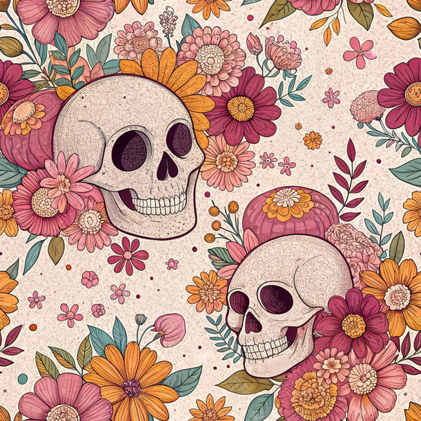 retro halloween, skulls, floral pattern, pink flowers, orange blooms, burgundy petals, autumn leaves, botanical design,, fabric panel, vintage style, day of the dead, sugar skull aesthetic, cream background, decorative flowers, halloween motif, spooky floral, seasonal fabric, cotton material, quilting project