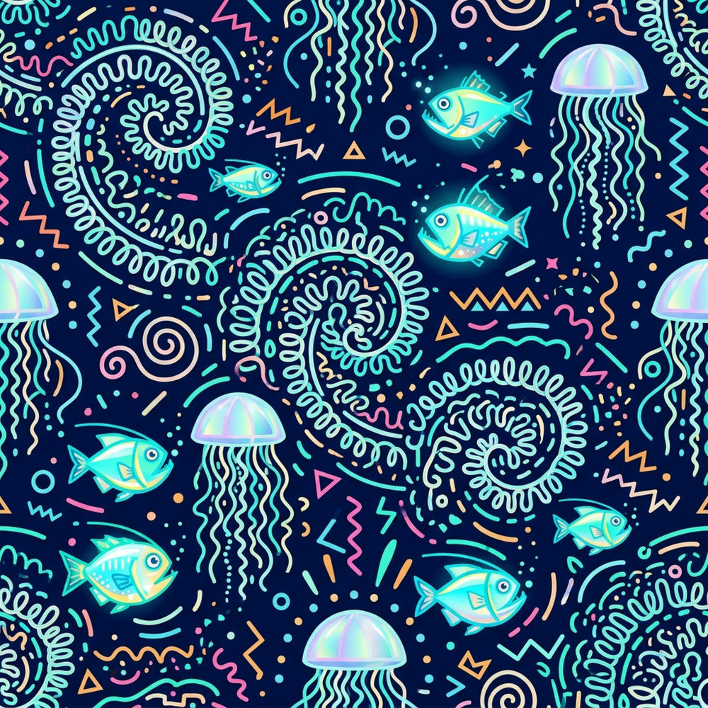 navy blue, cyan, turquoise, neon green, coral pink, gold, pastel rainbow, glowing fish, jellyfish, spiral patterns, geometric shapes, neon lines, abstract, whimsical, modern, celestial, ocean, underwater, bioluminescent, kids room, playroom, nursery, boys, girls, tropical, summer, fun, bright, vibrant, quirky