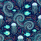 navy blue, cyan, turquoise, neon green, coral pink, gold, pastel rainbow, glowing fish, jellyfish, spiral patterns, geometric shapes, neon lines, abstract, whimsical, modern, celestial, ocean, underwater, bioluminescent, kids room, playroom, nursery, boys, girls, tropical, summer, fun, bright, vibrant, quirky