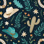 navy blue, turquoise, cream, tan, golden yellow, western, cowboy, cactus, stars, wildflowers, celestial, whimsical, rustic, bohemian, desert, southwestern, floral, nature, vintage, playroom, kids room, nursery, cowboys and cacti, texas, country, botanical, daisy flowers, sage green, teal leaves, moon and stars