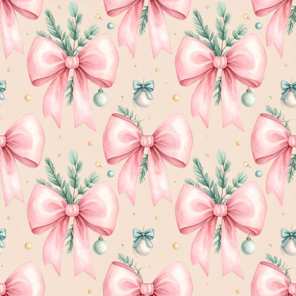 blush pink, rose pink, sage green, dusty green, cream, beige, soft pink, pastel pink, christmas, holiday, festive, bows, ribbons, evergreen branches, ornaments, baubles, elegant, whimsical, traditional, vintage, nature, botanical, seasonal, winter, gift giving, nursery, baby shower, celebration, romantic, feminine