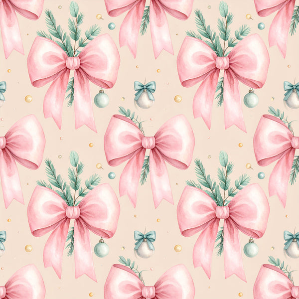 blush pink, rose pink, sage green, dusty green, cream, beige, soft pink, pastel pink, christmas, holiday, festive, bows, ribbons, evergreen branches, ornaments, baubles, elegant, whimsical, traditional, vintage, nature, botanical, seasonal, winter, gift giving, nursery, baby shower, celebration, romantic, feminine