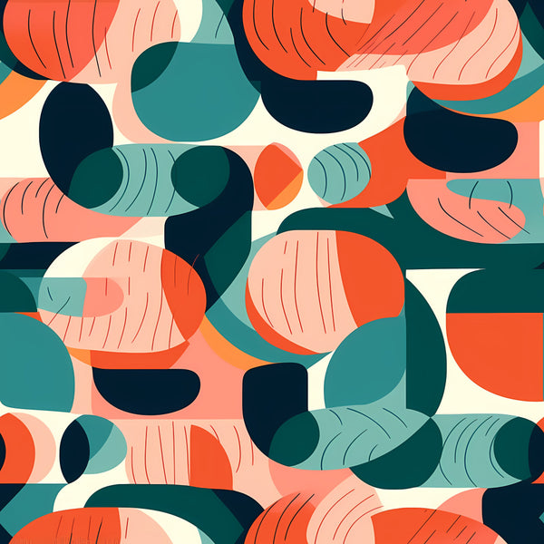 coral orange, teal, navy blue, cream, peachy pink, dusty rose, geometric, abstract, modern, contemporary, retro, mid-century, organic shapes, curved patterns, colorblocked, minimalist, playful, artistic, boho, circles, ovals, rounded forms, vibrant, bold, contemporary art, funky, artistic design, nursery, kids room, playroom