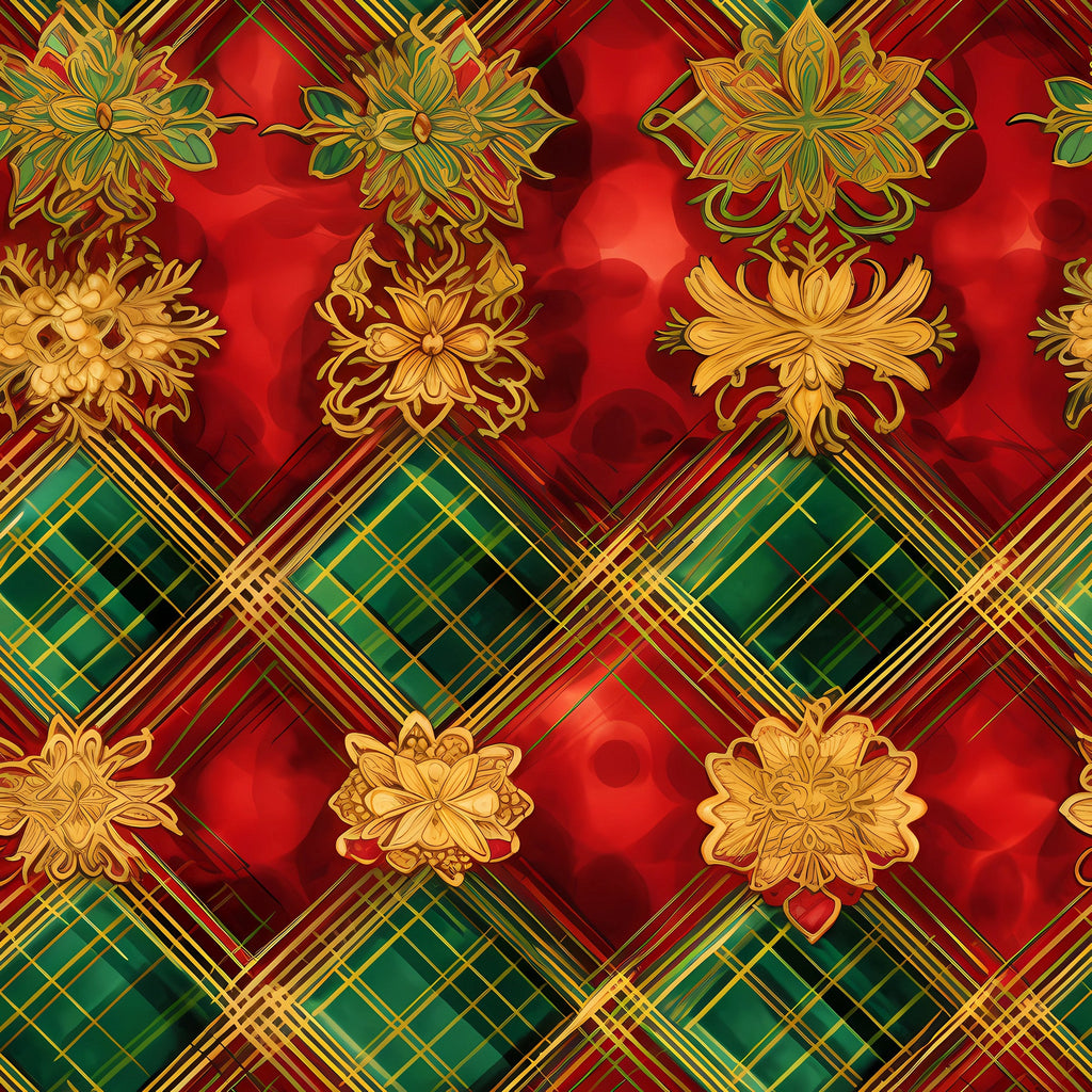 red, green, gold, christmas pattern, plaid, tartan, floral motifs, ornate flowers, decorative blooms, geometric design, diamond pattern,, fabric panel, holiday fabric, festive pattern, luxurious ornaments, seasonal fabric, winter colors, intricate details, repeating pattern