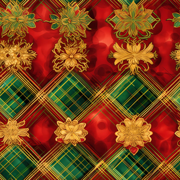red, green, gold, christmas pattern, plaid, tartan, floral motifs, ornate flowers, decorative blooms, geometric design, diamond pattern,, fabric panel, holiday fabric, festive pattern, luxurious ornaments, seasonal fabric, winter colors, intricate details, repeating pattern