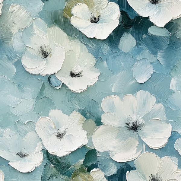 cornflower blue, white flowers, floral pattern, painted blooms, brushstroke texture, five-petaled flowers, botanical design, soft pastels, artistic florals,, fabric panel, delicate petals, garden flowers, dreamy aesthetic, impressionistic style, spring blooms, layered petals, natural motifs