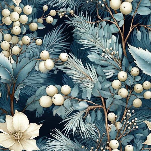 navy blue, teal, cream, ivory, white, pale blue, dusty blue, botanical, floral, nature, berries, leaves, feathery, elegant, sophisticated, modern, whimsical, winter, holiday, evergreen, pine branches, pearl berries, celestial, romantic, damask-inspired, ornamental, timeless, classic, nursery, home decor