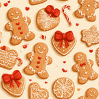 gingerbread, holiday, christmas, festive, cream, red, white, hearts, candy cane, bows, ribbons, whimsical, playful, winter, seasonal, kids, children, nursery, playroom, cute, smiling faces, decorative, traditional, warm, cozy, sweet, dessert themed, bakery, cheerful