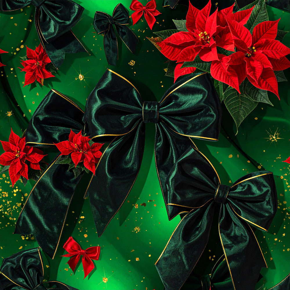 forest green, deep green, red, bright red, crimson red, gold, metallic gold, dark teal, black, poinsettia, floral, holiday, christmas, festive, elegant, luxurious, velvet bow, ribbon, sparkle, shimmer, winter, traditional, botanical, nature-inspired, decorative, sophisticated, upscale, celebration, seasonal, formal