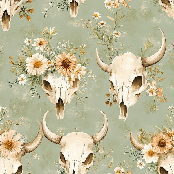 sage green, cream, peach, botanical florals, cow skulls, bull horns, daisies, wildflowers, western theme, boho style, rustic pattern, vintage aesthetic,, fabric panel, southwestern motif, skull design, floral arrangements, earthy tones, bohemian, country western