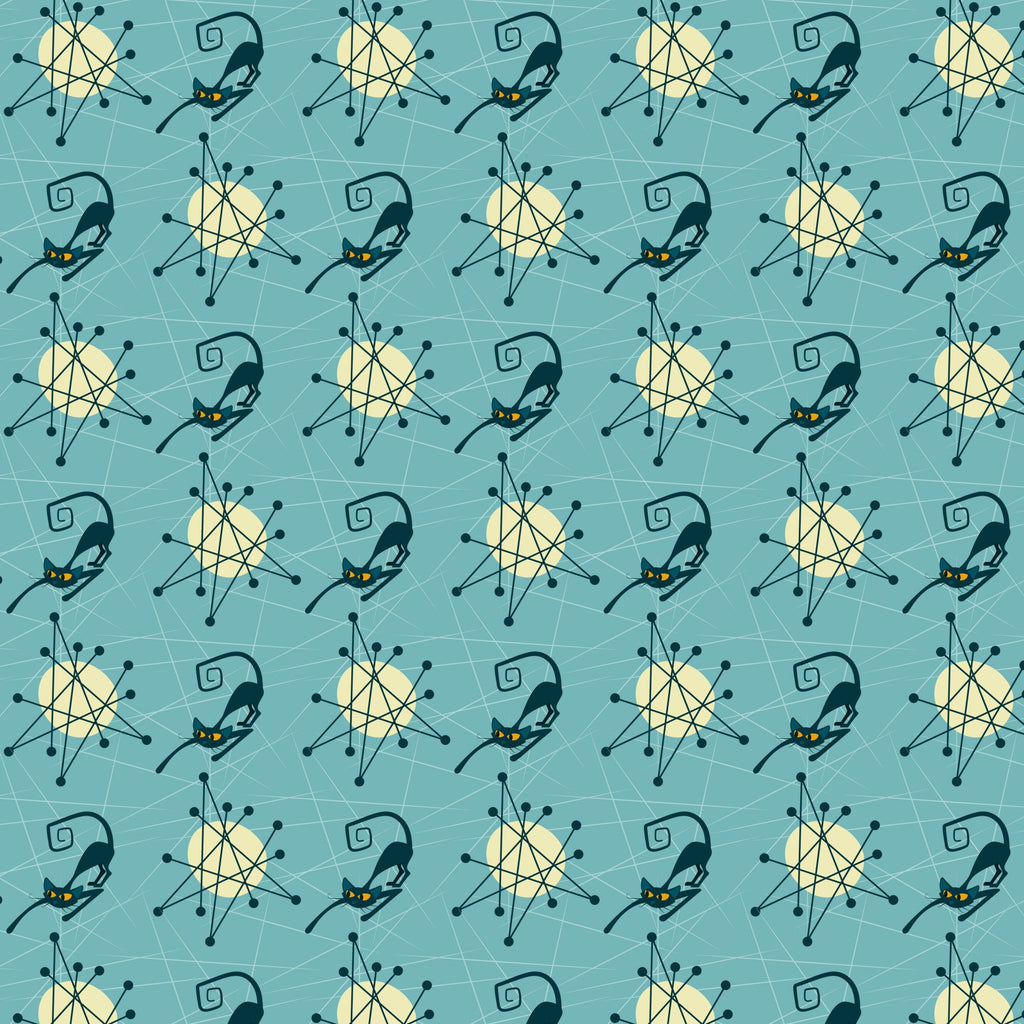 teal background, atomic starburst, mid-century modern, black cats, yellow eyes, geometric patterns, retro style, 1950s inspired, boomerang shapes, atomic age, turquoise blue, stylized cats, angular designs, space age motifs, vintage aesthetic,, fabric panel, modernist pattern, atomic era, decorative elements