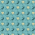 teal background, atomic starburst, mid-century modern, black cats, yellow eyes, geometric patterns, retro style, 1950s inspired, boomerang shapes, atomic age, turquoise blue, stylized cats, angular designs, space age motifs, vintage aesthetic,, fabric panel, modernist pattern, atomic era, decorative elements