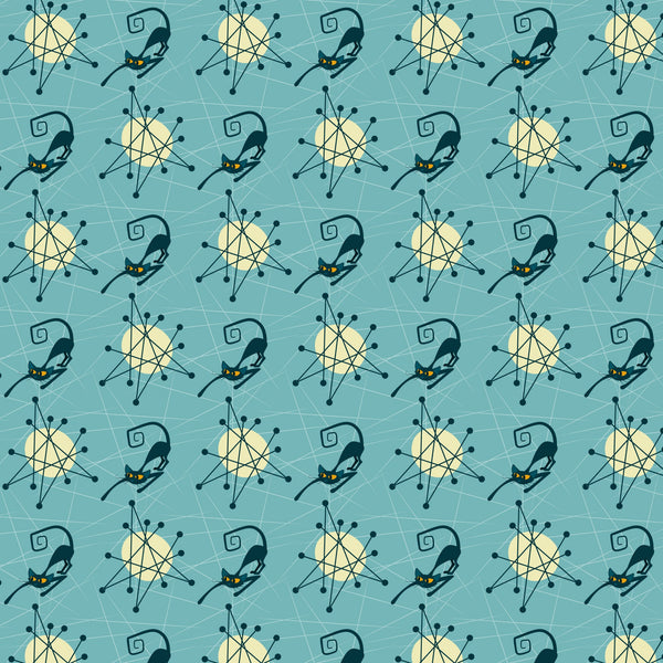 teal background, atomic starburst, mid-century modern, black cats, yellow eyes, geometric patterns, retro style, 1950s inspired, boomerang shapes, atomic age, turquoise blue, stylized cats, angular designs, space age motifs, vintage aesthetic,, fabric panel, modernist pattern, atomic era, decorative elements