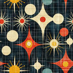 teal, orange, yellow, cream, red, starburst, geometric, mid-century modern, atomic age, sunburst, circles, diamonds, grid background, retro, vintage style,, fabric panel, space age, modernist, abstract shapes