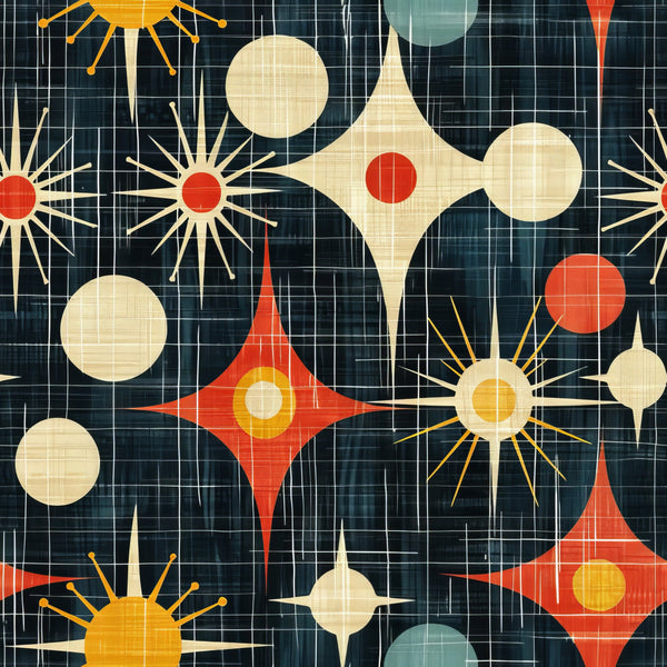teal, orange, yellow, cream, red, starburst, geometric, mid-century modern, atomic age, sunburst, circles, diamonds, grid background, retro, vintage style,, fabric panel, space age, modernist, abstract shapes