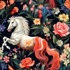 white horse, coral pink, orange, cream, navy blue, purple blue, forest green, floral, horses, nature, whimsical, elegant, botanical, roses, daisies, gerberas, tulips, spring, summer, garden, vintage, romantic, magical, fantasy, animal lover, nursery, kids room, playroom, adventure, enchanted