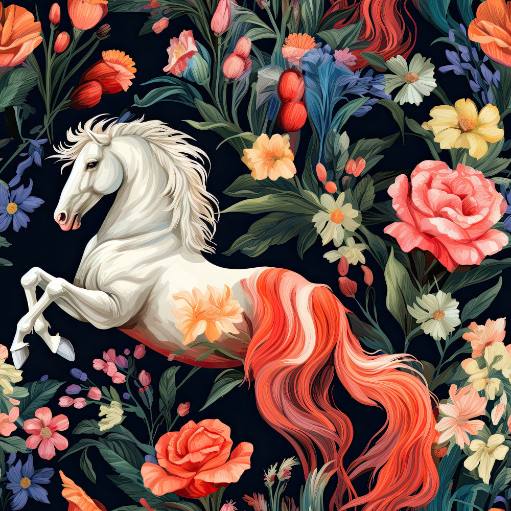 white horse, coral pink, orange, cream, navy blue, purple blue, forest green, floral, horses, nature, whimsical, elegant, botanical, roses, daisies, gerberas, tulips, spring, summer, garden, vintage, romantic, magical, fantasy, animal lover, nursery, kids room, playroom, adventure, enchanted