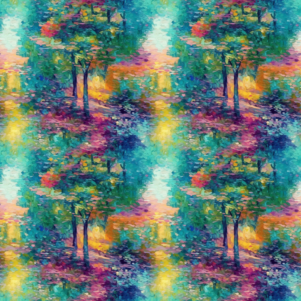 impressionist style, monet inspired, landscape scene, autumn trees, colorful foliage, turquoise, teal, magenta, purple, orange, yellow, green, painterly brushstrokes, nature scene, forest path,, fabric panel, artistic pattern, vibrant colors, dreamy atmosphere