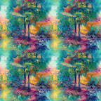 impressionist style, monet inspired, landscape scene, autumn trees, colorful foliage, turquoise, teal, magenta, purple, orange, yellow, green, painterly brushstrokes, nature scene, forest path,, fabric panel, artistic pattern, vibrant colors, dreamy atmosphere