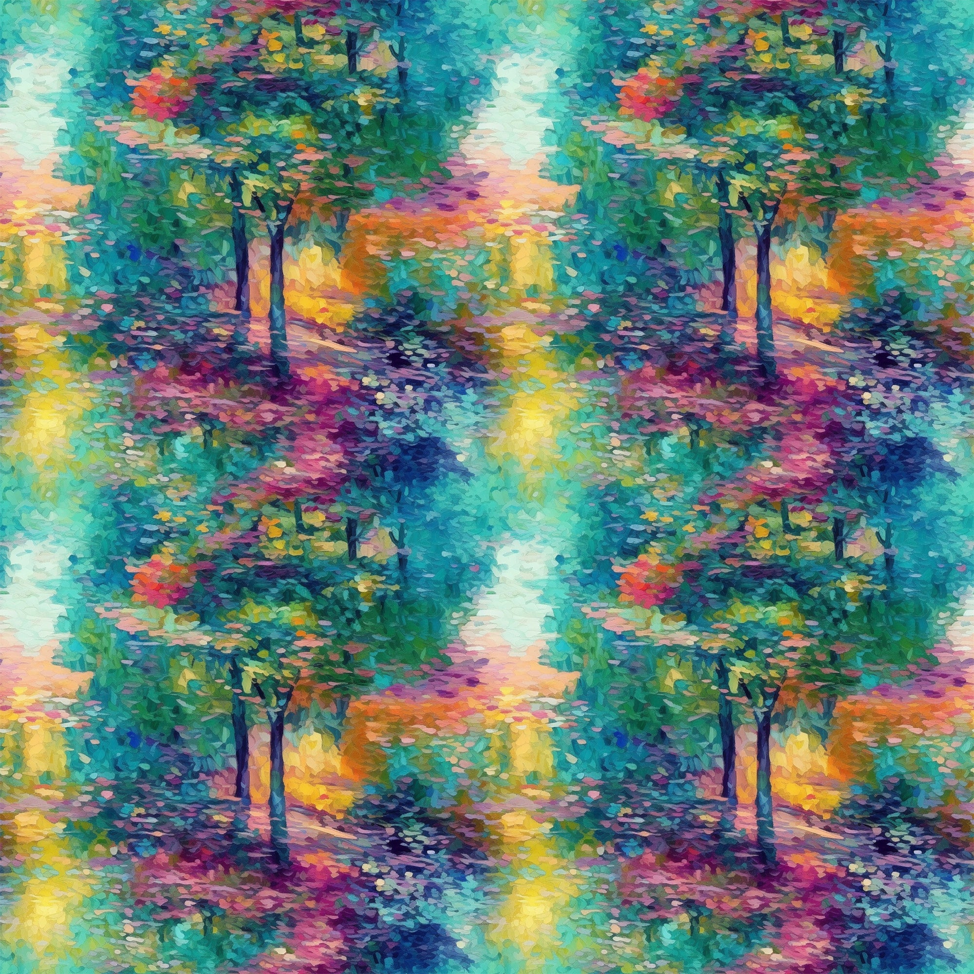 impressionist style, monet inspired, landscape scene, autumn trees, colorful foliage, turquoise, teal, magenta, purple, orange, yellow, green, painterly brushstrokes, nature scene, forest path,, fabric panel, artistic pattern, vibrant colors, dreamy atmosphere