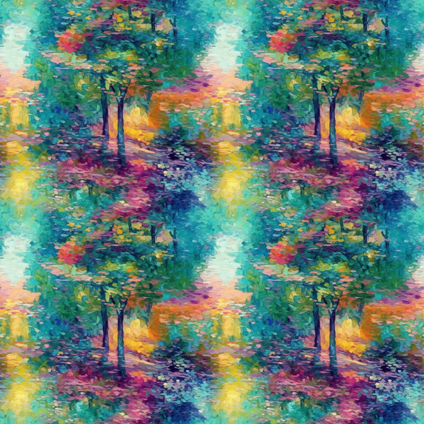 impressionist style, monet inspired, landscape scene, autumn trees, colorful foliage, turquoise, teal, magenta, purple, orange, yellow, green, painterly brushstrokes, nature scene, forest path,, fabric panel, artistic pattern, vibrant colors, dreamy atmosphere