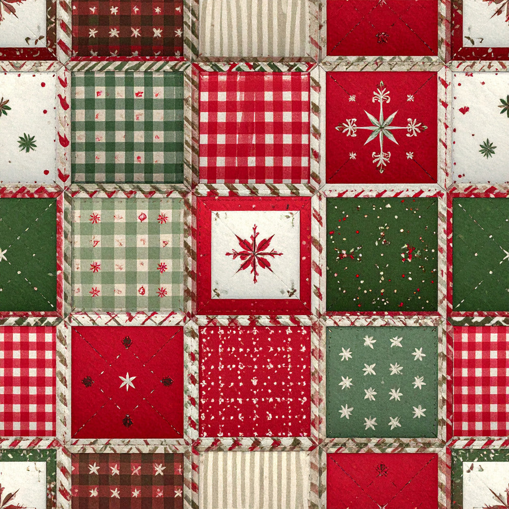 red, green, cream, ivory, holiday, christmas, patchwork, plaid, gingham, check, stars, snowflakes, geometric, traditional, rustic, vintage, festive, winter, quilt-inspired, farmhouse, checkered, striped, seasonal, red and green, classic christmas, folk pattern, country style, decorative squares, coordinating prints