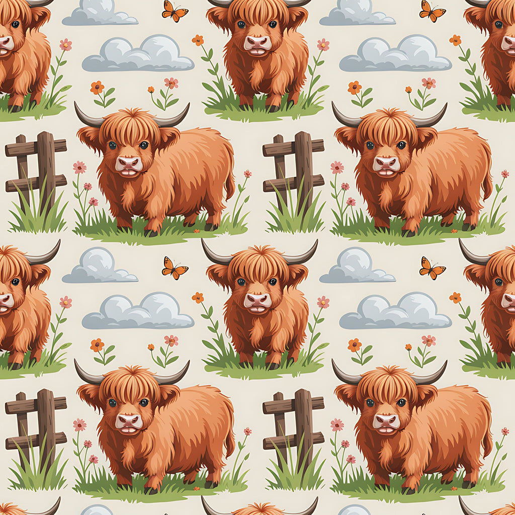 highland cows, cartoon animals, orange fur, rustic brown, pastoral scene, wooden fence, wildflowers, fluffy clouds, butterflies, green grass, farm animals, whimsical illustration,, fabric panel, country theme, adorable cattle, nature elements, soft colors, repeating pattern, children's fabric