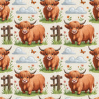 highland cows, cartoon animals, orange fur, rustic brown, pastoral scene, wooden fence, wildflowers, fluffy clouds, butterflies, green grass, farm animals, whimsical illustration,, fabric panel, country theme, adorable cattle, nature elements, soft colors, repeating pattern, children's fabric