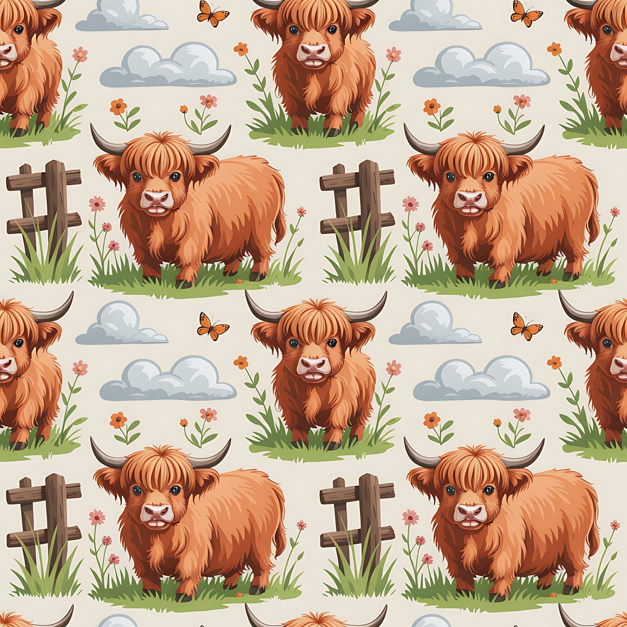highland cows, cartoon animals, orange fur, rustic brown, pastoral scene, wooden fence, wildflowers, fluffy clouds, butterflies, green grass, farm animals, whimsical illustration,, fabric panel, country theme, adorable cattle, nature elements, soft colors, repeating pattern, children's fabric